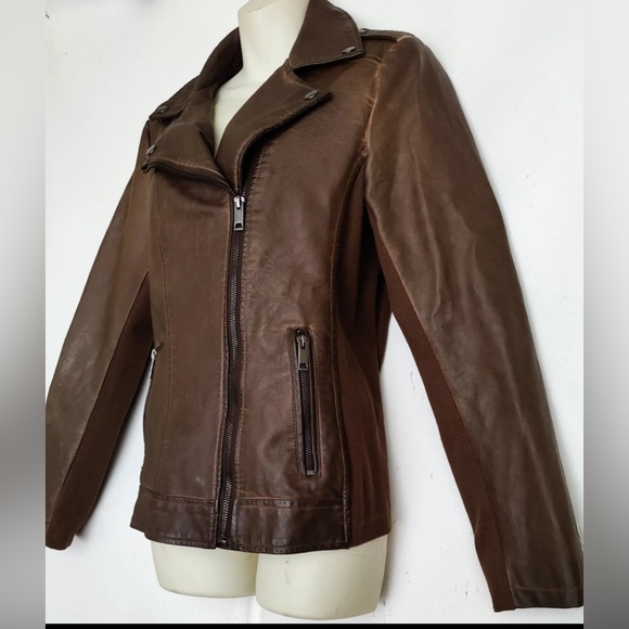 Sebby Collection Women’s Brown Faux Leather Moto Bomber Motorcycle Jacket - Picture 2 of 12
